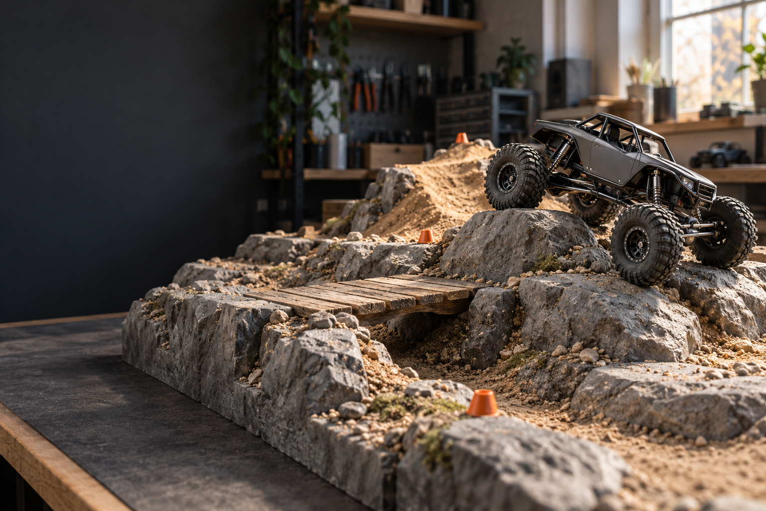 Concept illustration of an indoor micro RC course with rocks and a wooden bridge