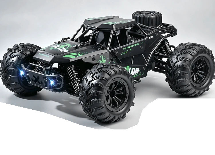 Black-Green RC cage buggy, rc390 brushed exterior; selected battery and shock upgrade package listed separately