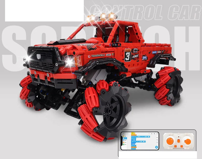 Red Roller-Wheel RC Brick Pickup - 1640 Pieces: Assembled reference model for the exact 1640-piece building kit.
