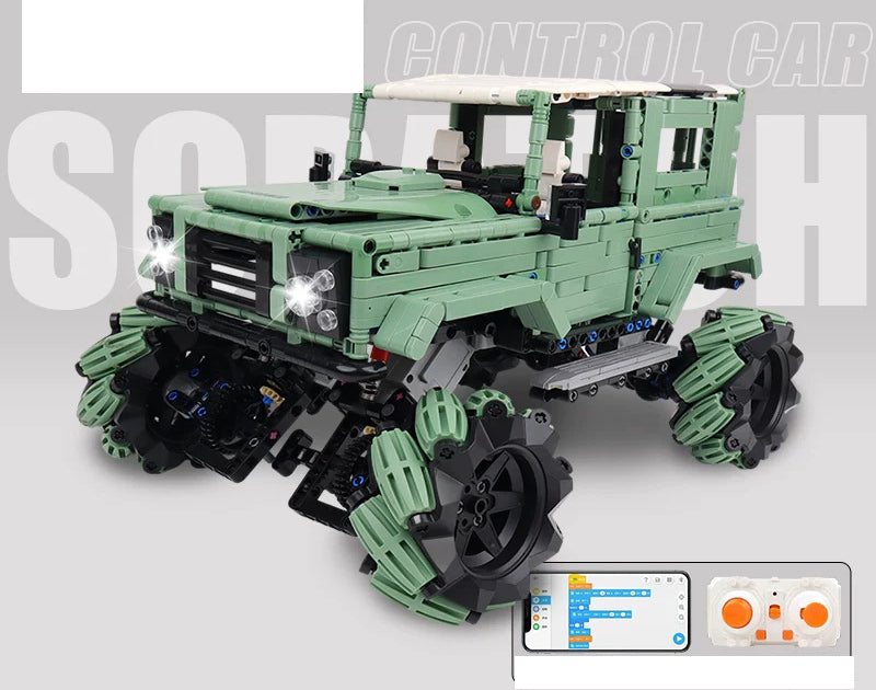 Army-Green Roller-Wheel RC Brick SUV - 1670 Pieces: Assembled reference model for the exact 1670-piece building kit.