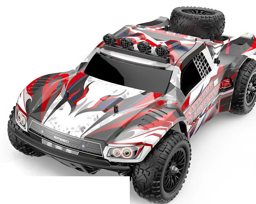 Red EXTREME ADVENTURE RC truck, body appearance; selected battery package listed separately