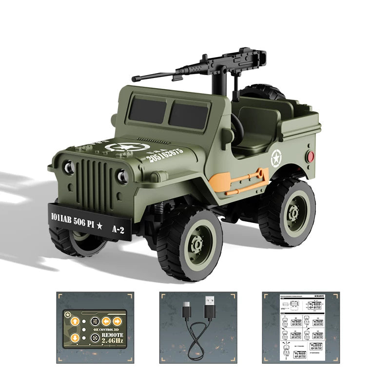 Mini Open-Cabin RC Vehicle with Card Controller: Mini green jeep with mounted toy decoration, card-style remote, USB cable and manual.