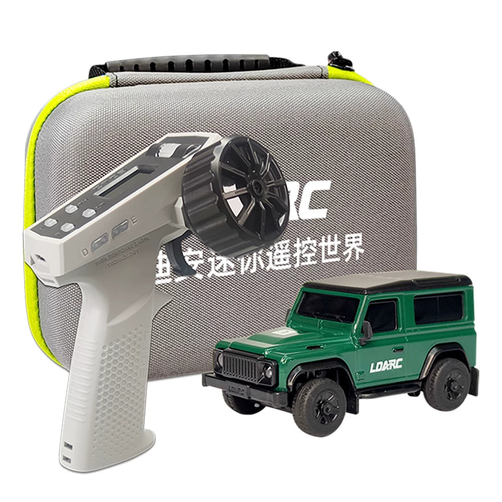 Green mini SUV with controller and carrying case.