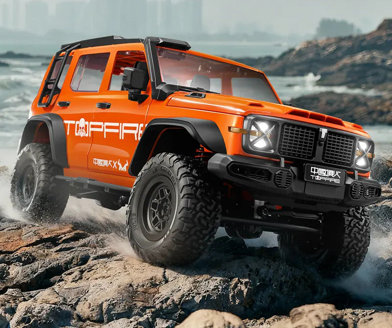 Orange MN300 RC crawler, three-quarter body view