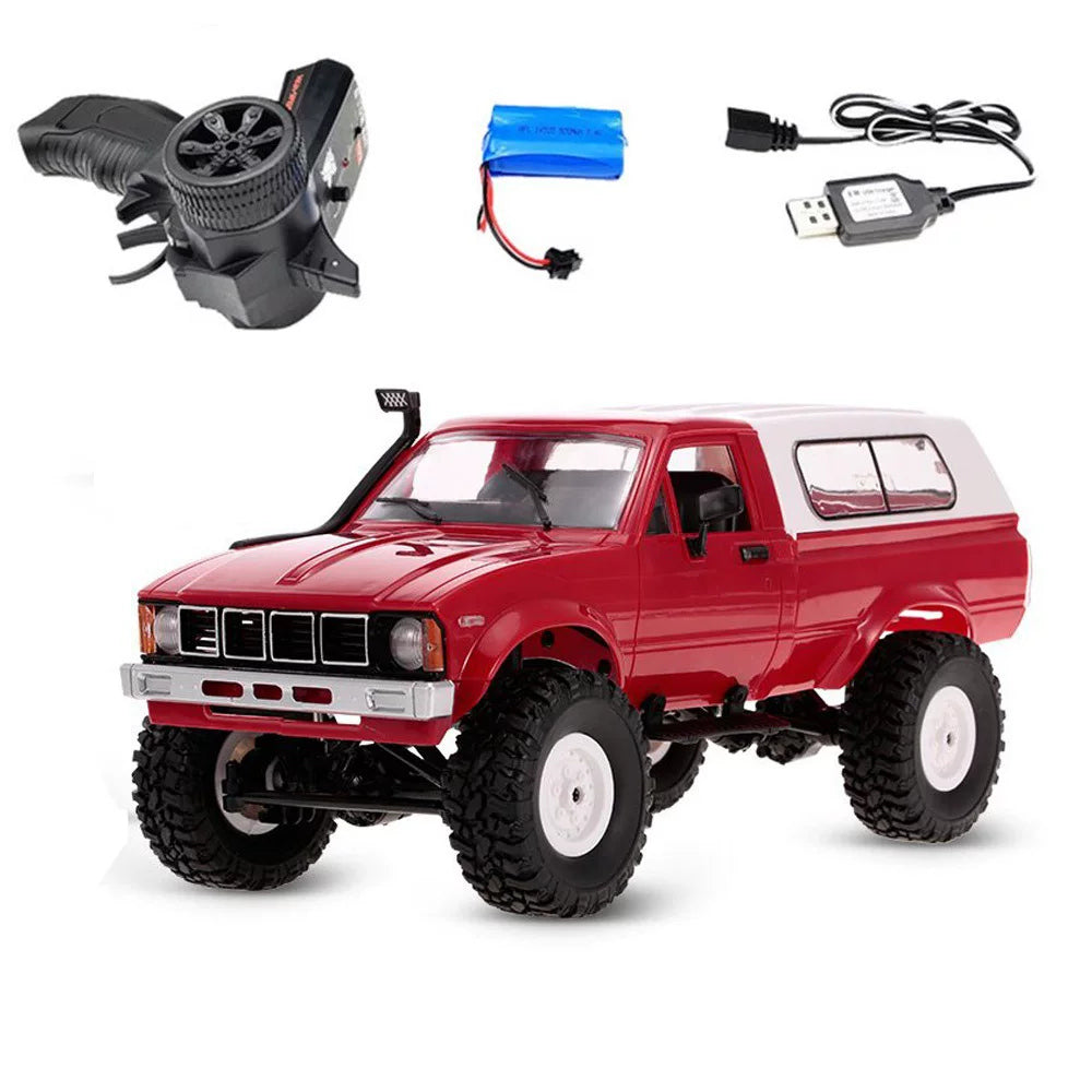 Red covered-bed RC pickup with controller,battery andUSBcable