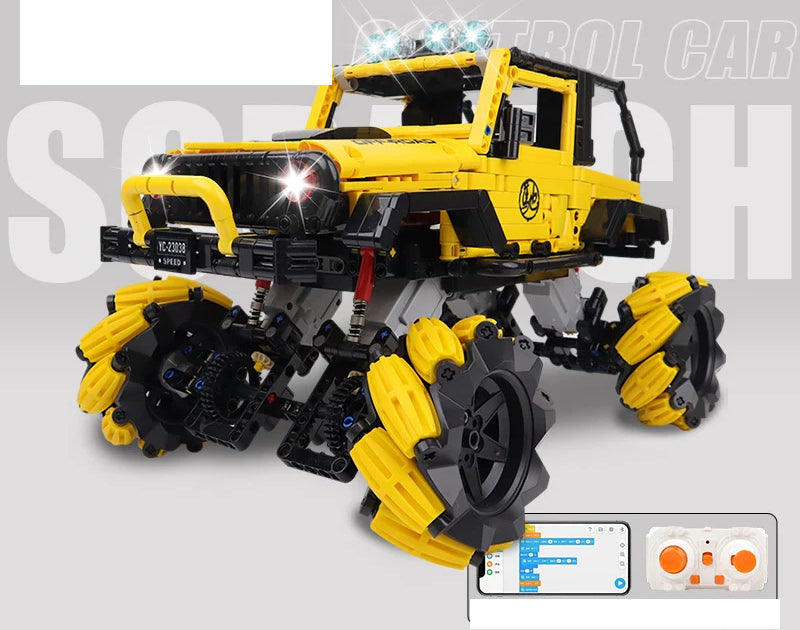 Yellow Roller-Wheel RC Brick Crawler - 1490 Pieces: Assembled reference model for the exact 1490-piece building kit.