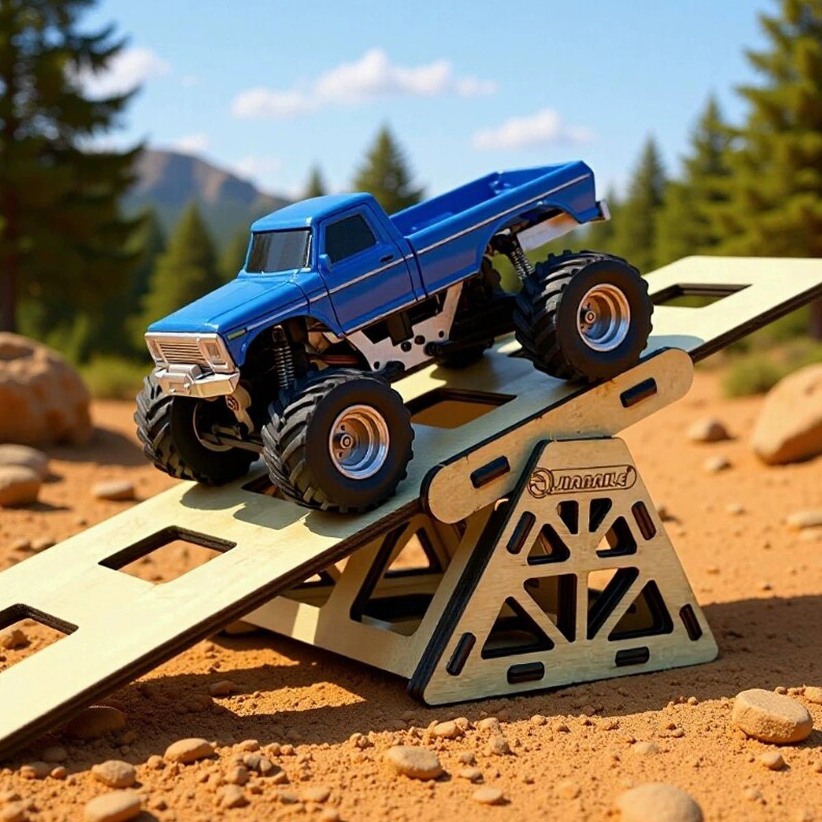 Blue 1:36 RC pickup on a wooden ramp; ramp is a display prop
