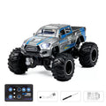 1:64 Modern Mini RC Monster Pickup: Silver Blue K3T selected vehicle with blue-button card remote, charging cable, screwdriver and manual