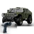 Military-Style RC Crawler - Battery Packages: Army Green military-style RC crawler with its controller; roof accessory and winch are not included