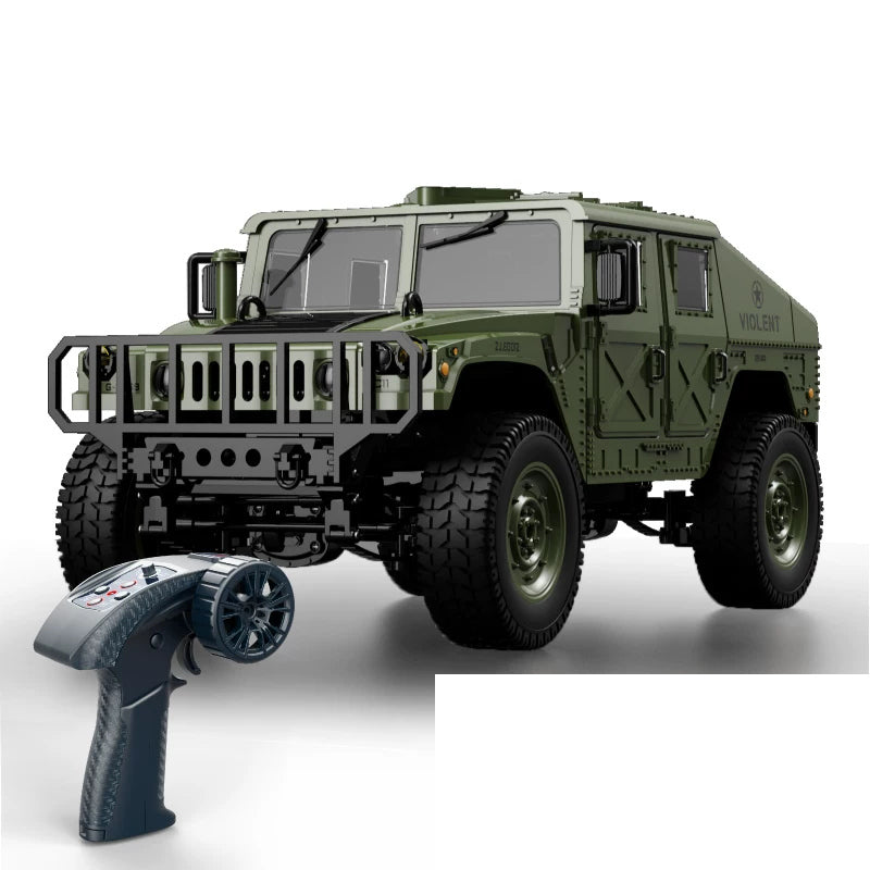 Military-Style RC Crawler - Battery Packages: Army Green military-style RC crawler with its controller; roof accessory and winch are not included