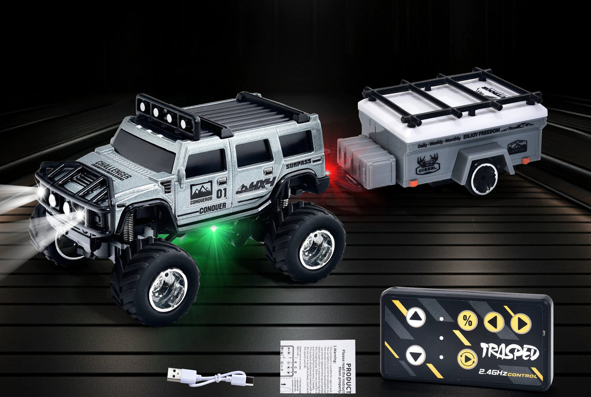 Silver Hummer-style mini RC SUV with matching camper, card remote and USB cable