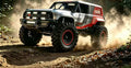 MJX H18P crawler in red, black and silver on rough ground