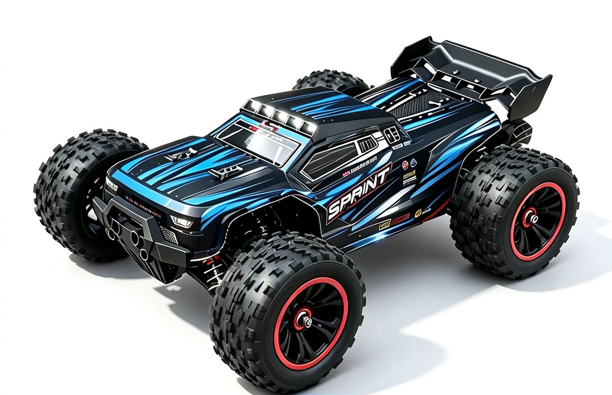 Blue SPRINT RC390 brushed pickup with metal chassis; battery count selected separately