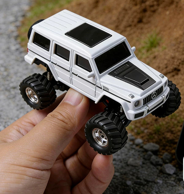 White G-Class-style mini RC SUV held in a hand