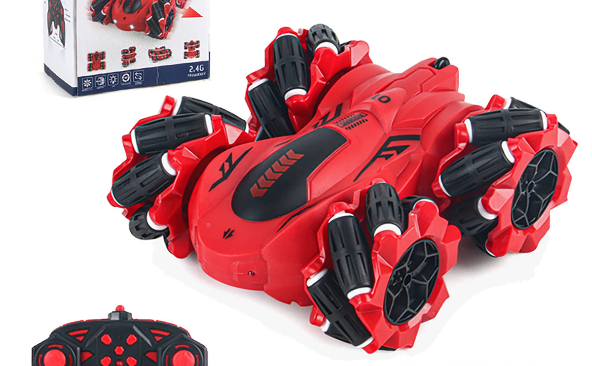 Red RC stunt car with roller-style wheels