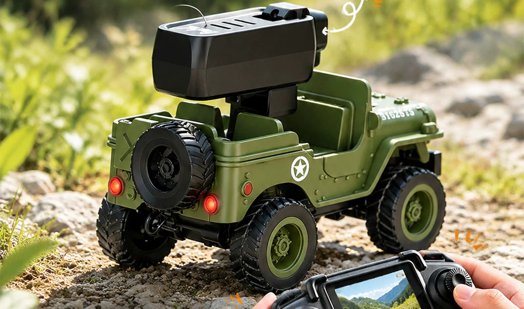 Rear view of the green camera-equipped RC Jeep with screen remote in the scene
