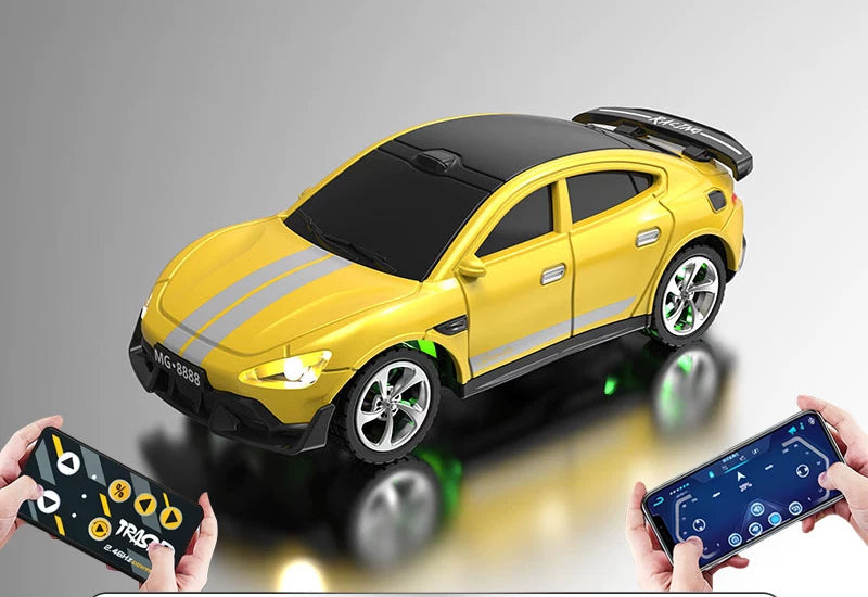 Mini RC Hatchback Racer with Optional Trailer: Yellow mini RC hatchback; phone illustrates app control, not supplied