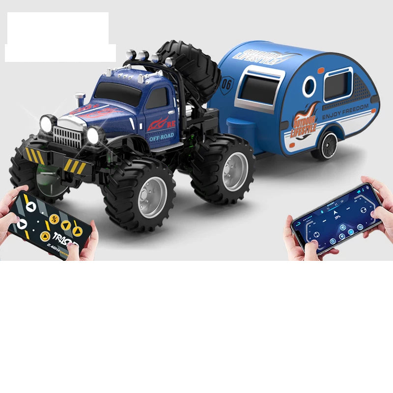 Blue retro RC monster truck with matching camper trailer