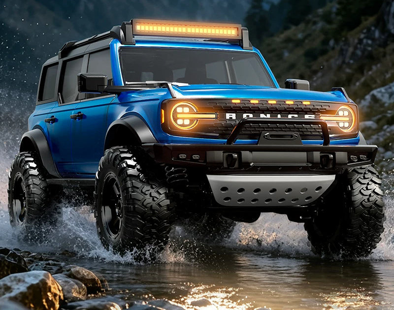 Blue R22 four-door RC crawler viewed from the front