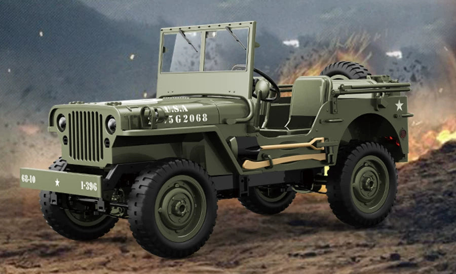 Military green RC Jeep with open cabin and rear spare wheel