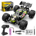 Green Graphic RC Racing Buggy with a narrow printed body shell, rear wing and the pictured controller and one-battery package reference
