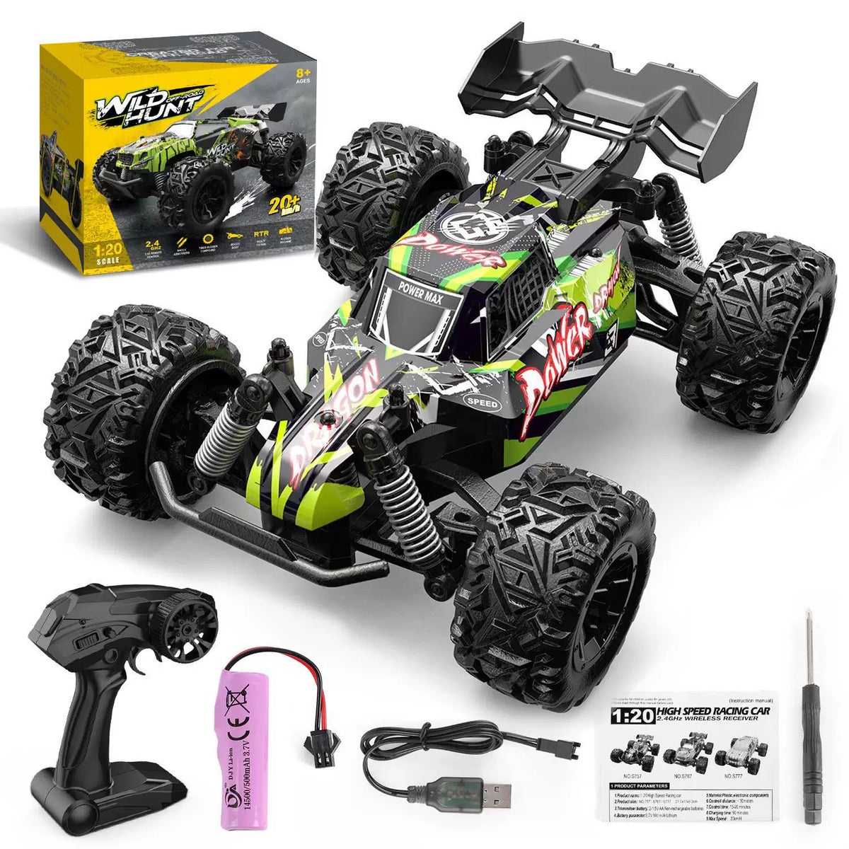 Green Graphic RC Racing Buggy with a narrow printed body shell, rear wing and the pictured controller and one-battery package reference