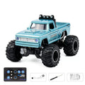 1:64 Vintage Mini RC Monster Pickup: Light Blue CORVEN selected vehicle with blue-button card remote, charging cable, screwdriver and manual
