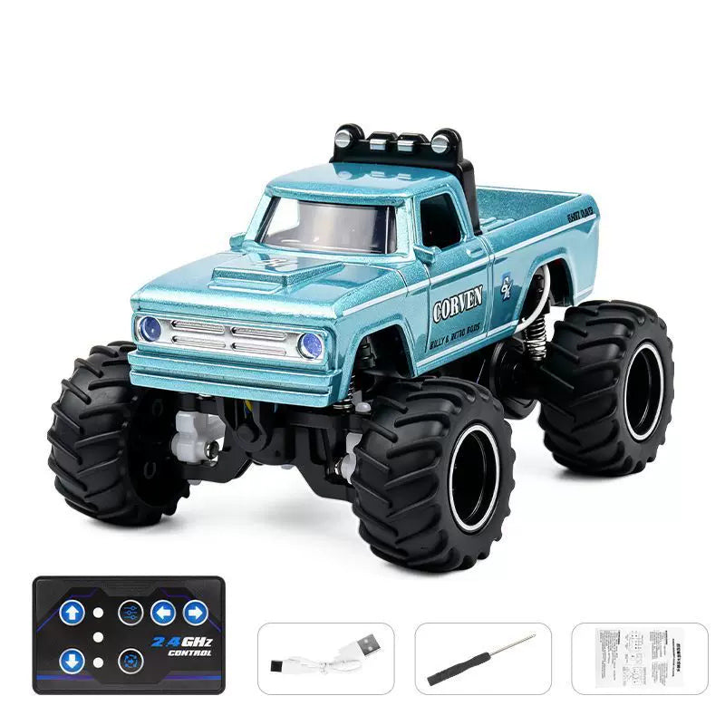 1:64 Vintage Mini RC Monster Pickup: Light Blue CORVEN selected vehicle with blue-button card remote, charging cable, screwdriver and manual
