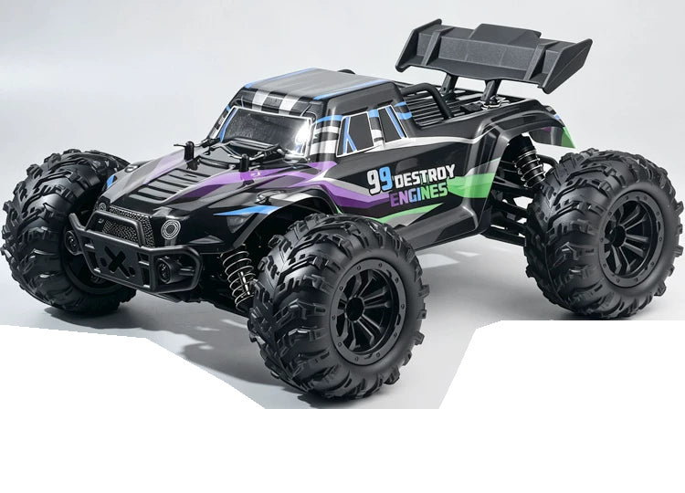 Black-Purple-Green Purple 99-graphic RC monster truck, body appearance; battery and shock package selected separately