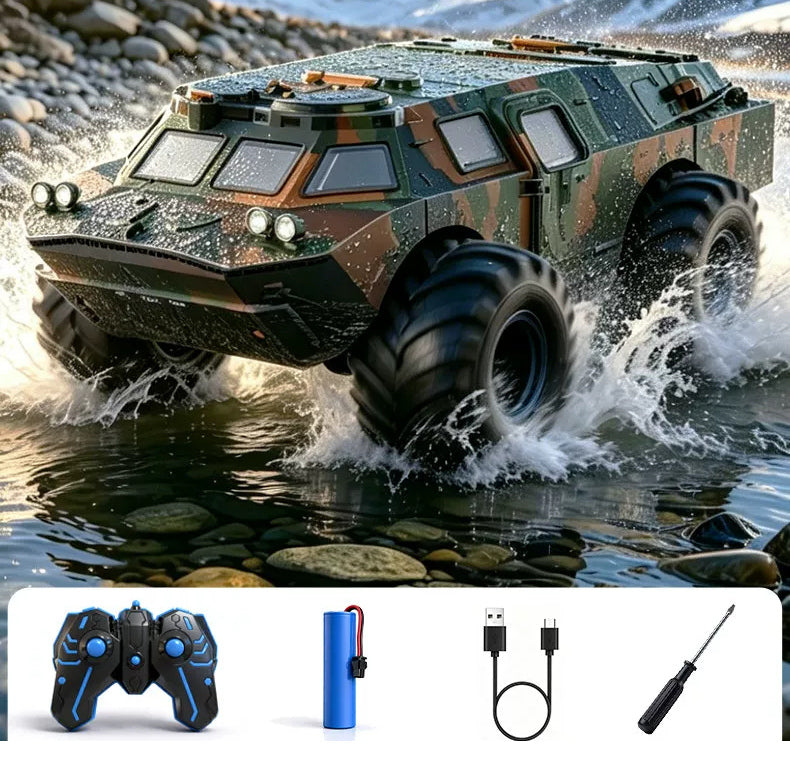 Armored-Style RC Vehicle: Vehicle, gamepad controller, battery, USB charging cable and screwdriver.