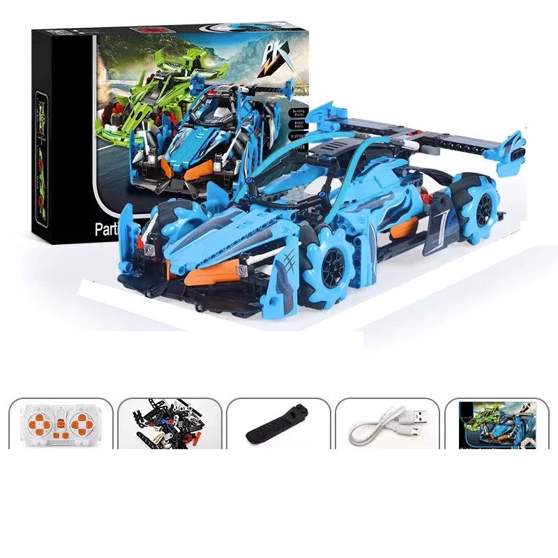 Blue RC Brick Track Car - 557 Pieces: Assembled reference model for the exact 557-piece building kit.