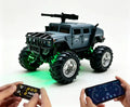 Mini Military-Style RC Truck - Color Selection: Gray mini military-style RC truck with roof display detail; phone is a control illustration, not supplied