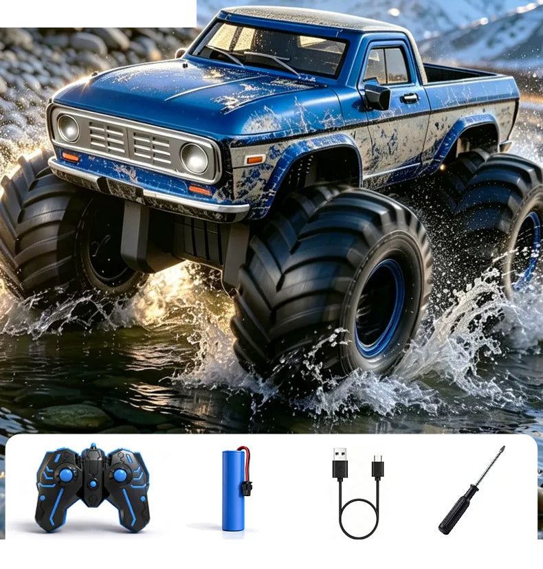 Blue Wide-Wheel RC Pickup: Vehicle, gamepad controller, battery, USB charging cable and screwdriver.