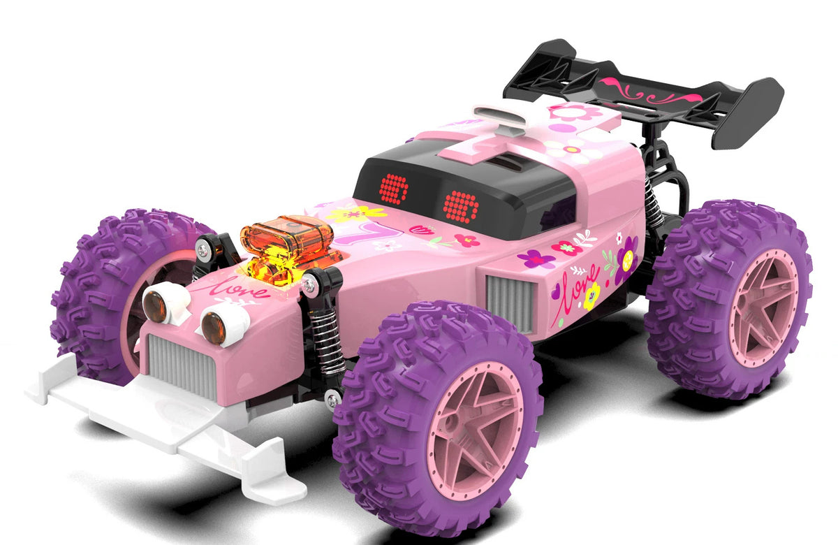 Pink RC Hot-Rod Toy Car: Pink hot-rod body with purple wheels from the exact source illustration.