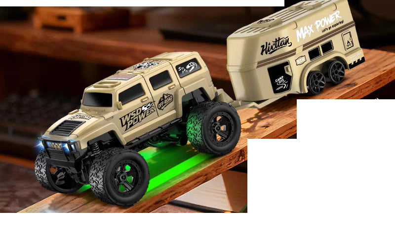 Khaki E88 mini RC pickup with matching camper trailer