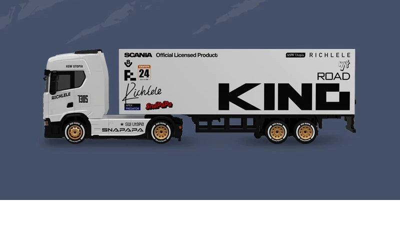 S730-Style 1:64 RC Truck and Container Trailer: S730-style tractor truck and KIND ROAD container trailer; controller supplied only with the selected remote package