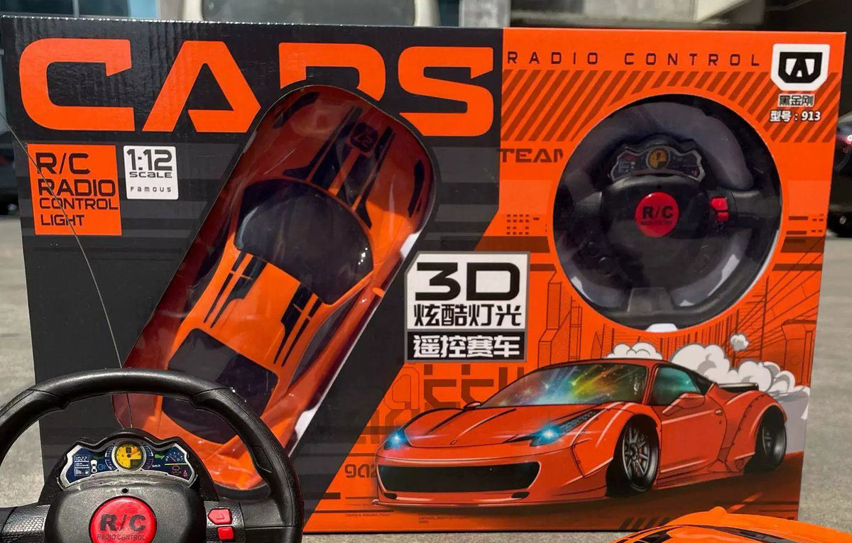 Orange coupe and its controller in the source retail window; duplicated foreground display is outside the focus.