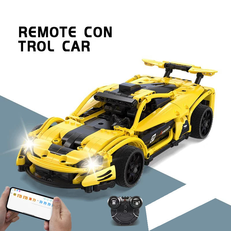 Yellow RC Brick Sports Car - 417 Pieces: Assembled reference model for the exact 417-piece building kit.