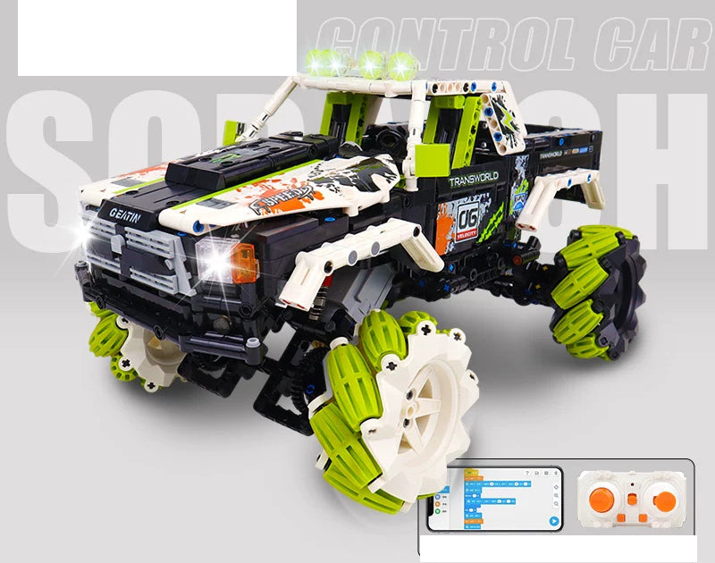 Green Roller-Wheel RC Brick Crawler - 1550 Pieces: Assembled reference model for the exact 1550-piece building kit.