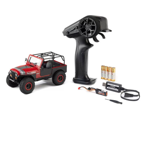Red SCX30 Jeep CJ-7 with controller, battery and USB charging equipment