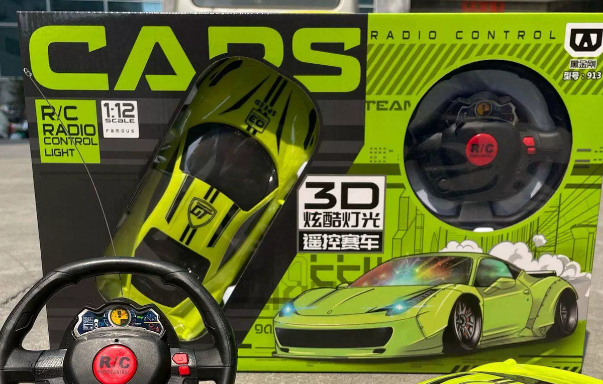 Lime coupe and its controller in the source retail window; duplicated foreground display is outside the focus.