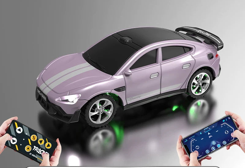 Mini RC Hatchback Racer with Optional Trailer: Purple mini RC hatchback; phone illustrates app control, not supplied