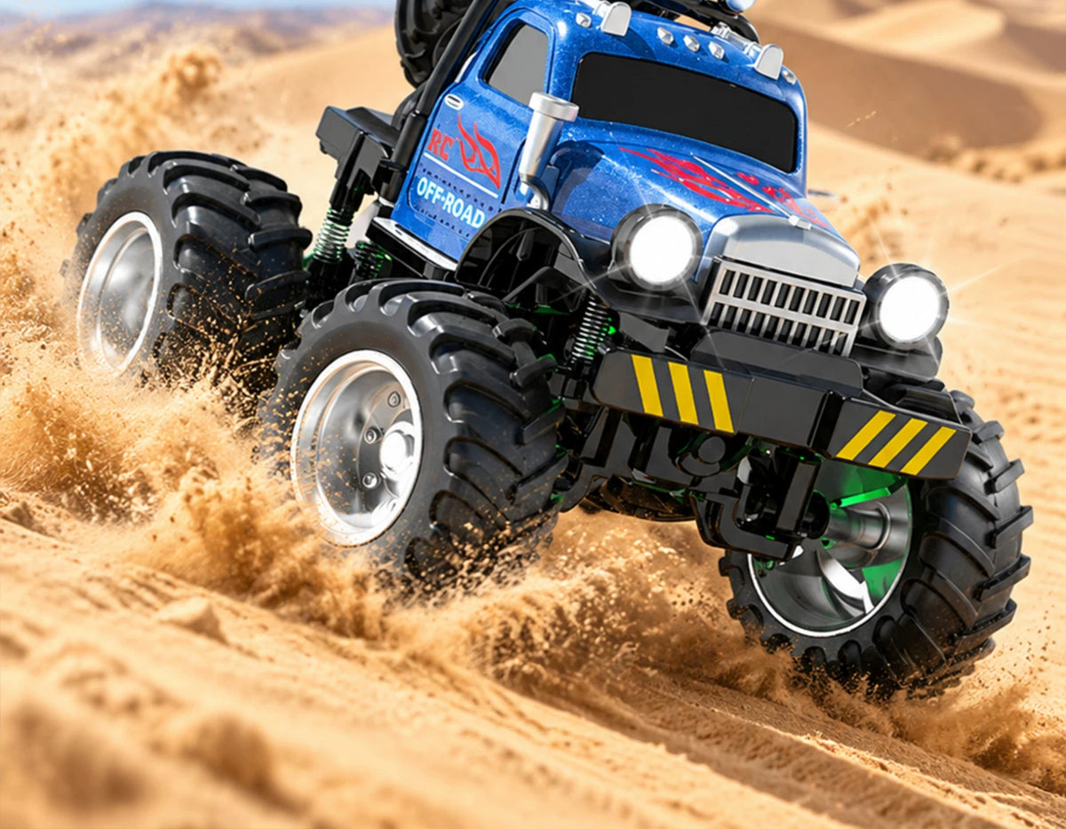 Front suspension and treaded-wheel detail of the blue retro RC truck