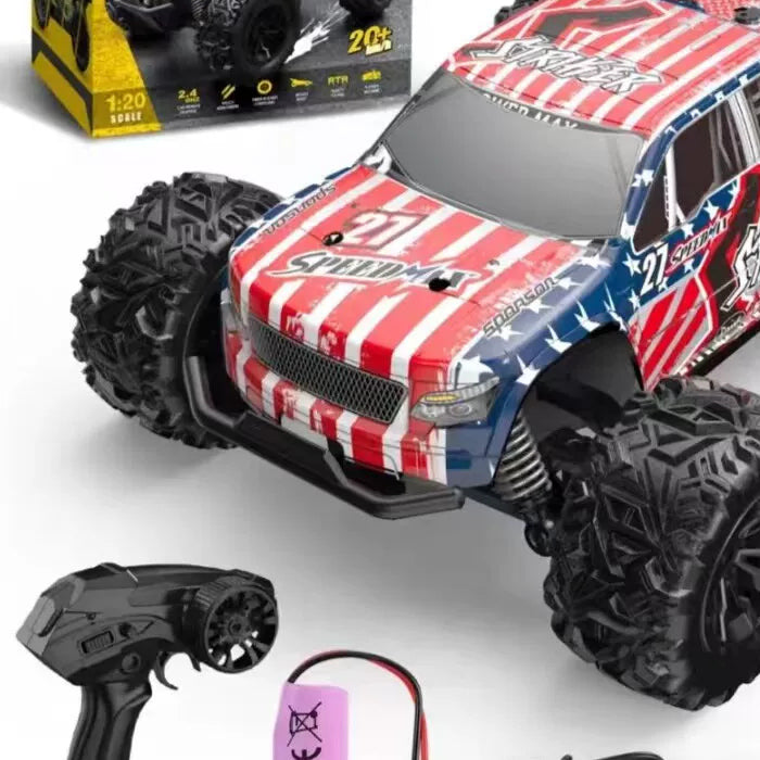 Flag-Graphic RC Short-Course Truck: Closer view of the actual front wheel and suspension components; not another angle.