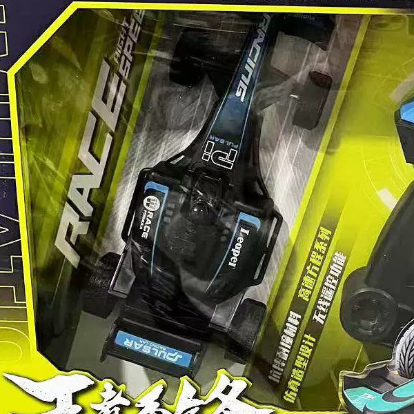 Formula-style vehicle body and wheels through the retail window.