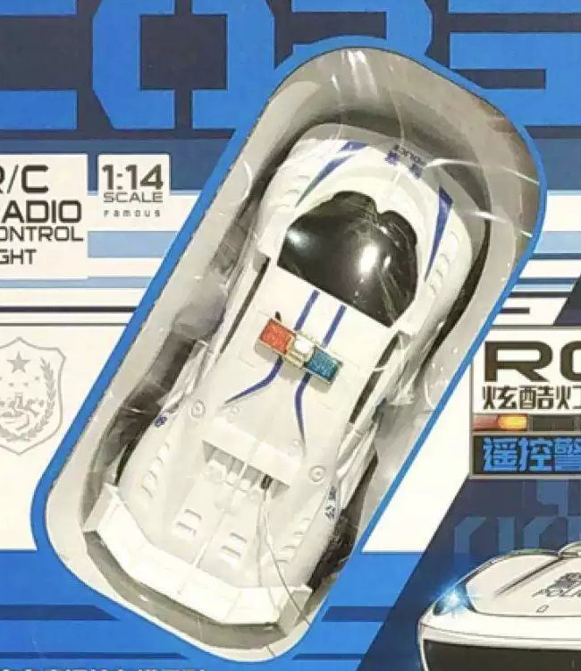 White police-style vehicle body and roof decoration through the top retail window.