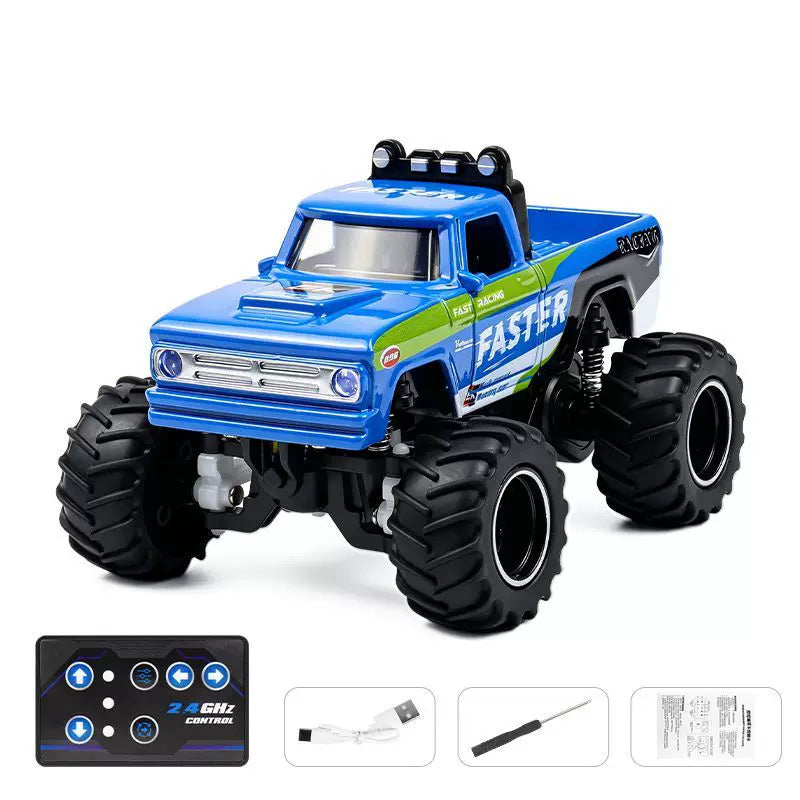 1:64 Vintage Mini RC Monster Pickup: Deep Blue FASTER selected vehicle with blue-button card remote, charging cable, screwdriver and manual