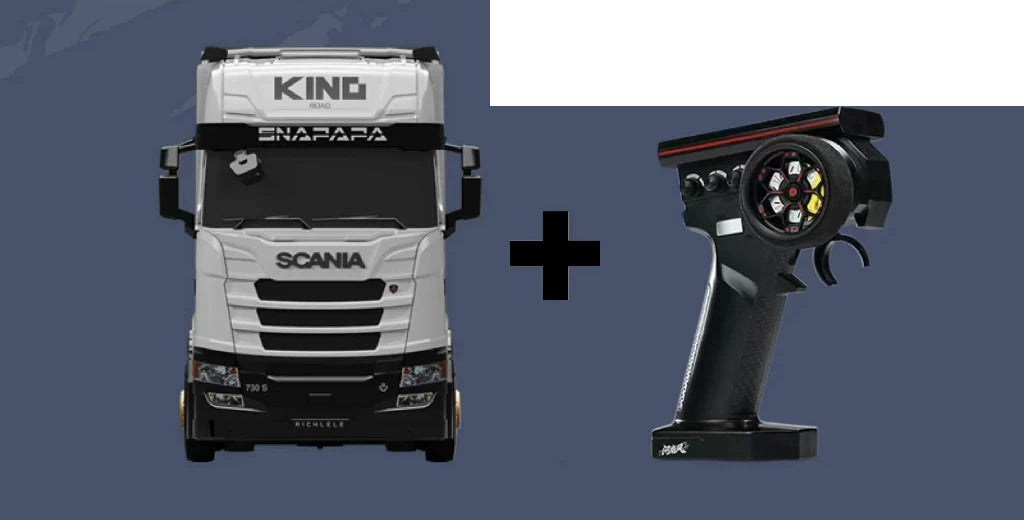 S730-Style 1:64 RC Truck and Container Trailer: Front of the S730-style tractor truck and pistol controller for the With Remote package; the matching container trailer is part of the complete model