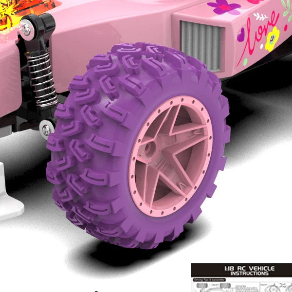 Pink RC Hot-Rod Toy Car: Pink body, front suspension and tread detail from the same exact illustration.