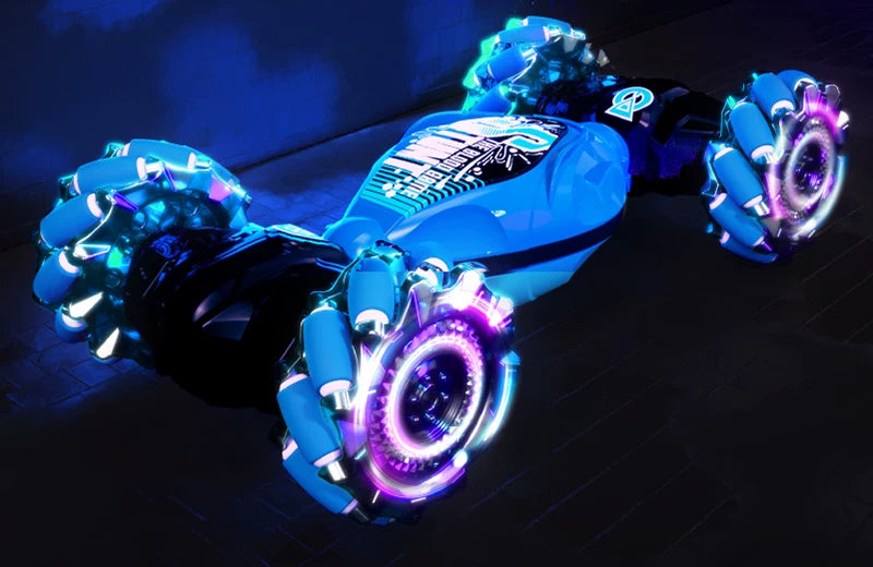 Blue twist RC car with illuminated roller-style wheels
